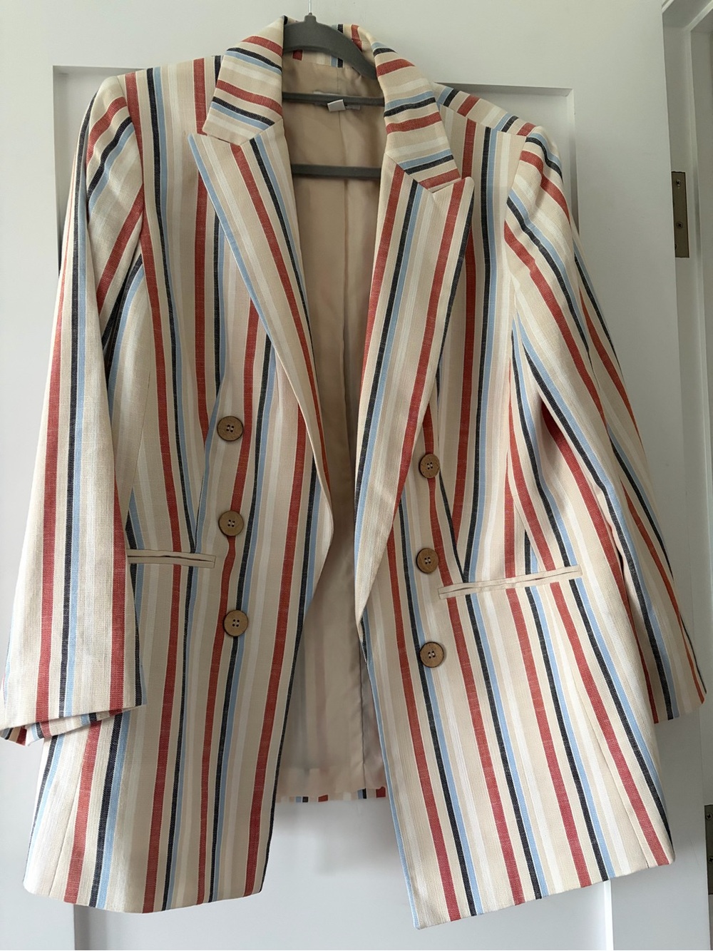 Bar III Cream Blazer with Red, Blue and Tan Stripes